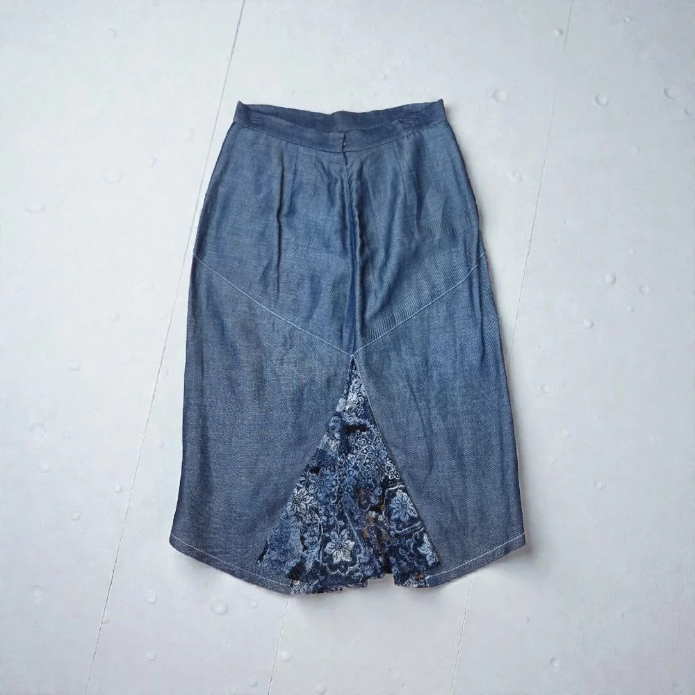 LAVANTINO Blue Denim Midi Skirt with White Stitching Size 12